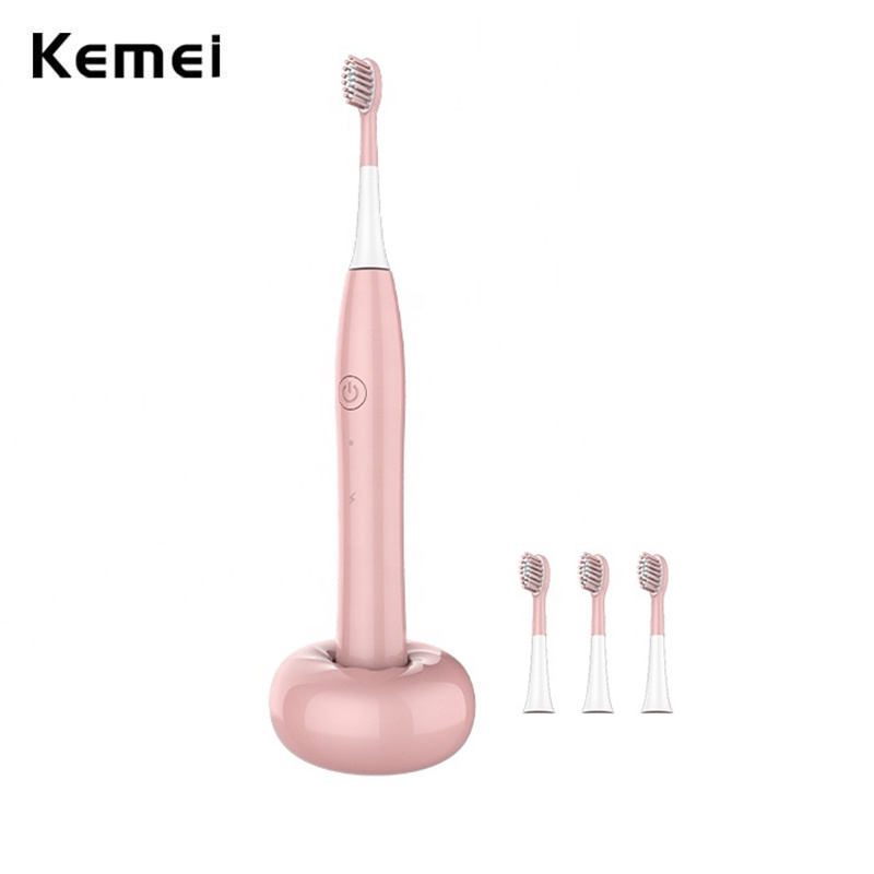 Kemei แปรงสีฟันไฟฟ้าโซนิค ชาร์จ USB กันน้ํา พร้อมฐานชาร์จ หัวแปรง 4 หัว สําหรับผู้ใหญ่