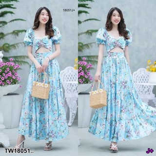 SS18051 Dress แม็กซี่เดรสยาว อกแต่งห่วง พิมพ์ลายดอกไม้..