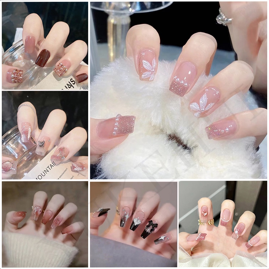 YUKEHUI 24 ชิ้นกล่องไฮเทคยอดนิยมสีเขียว เล็บ ดอกไม้แบบสามมิติเล็บปลอมยาว เหมาะสำหรับผู้หญิง และเด็กผู้หญิงส่งเจลลี่ และแถบเล็บปลอม