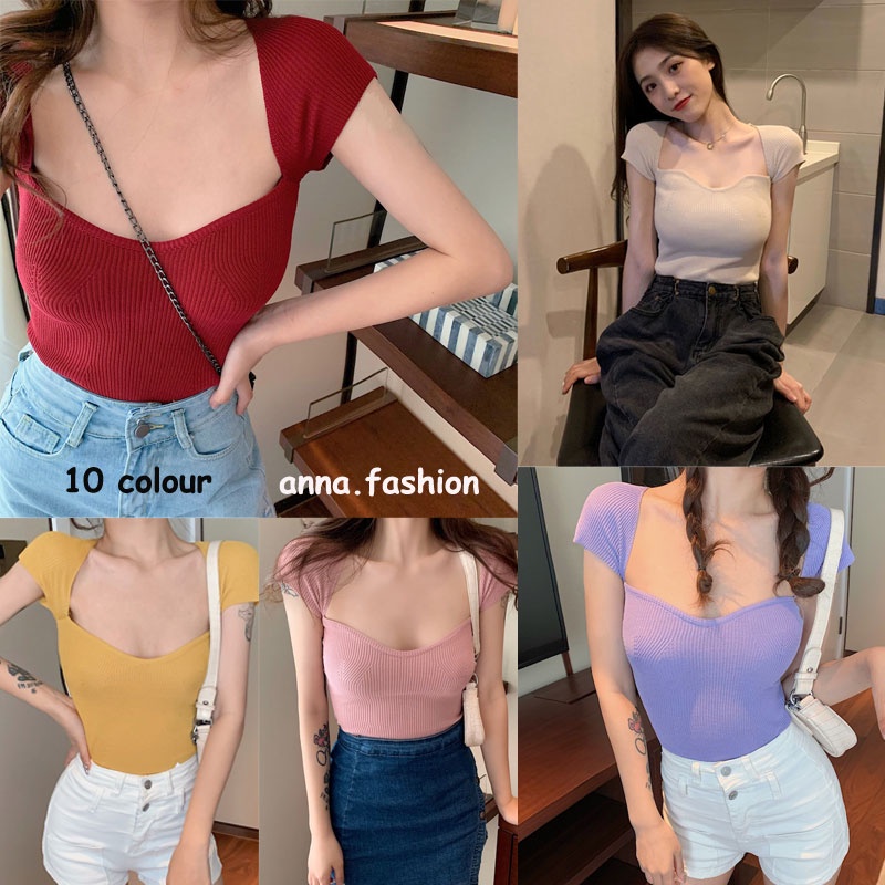 anna.fashion 70009 พร้อมส่ง เสื้อใหมพรม(คอ U เว้าอก)#เสื้อปัดใหล่เเขนสันร่องเล็ก
