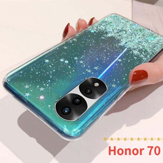 เคสโทรศัพท์มือถือแบบนิ่ม TPU ใส แต่งกลิตเตอร์ดาว ไล่โทนสี หรูหรา สําหรับ Honor 70 Honor70