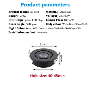 โคมไฟเพดาน LED ขนาดเล็ก 1W 3W LED ดาวน์ไลท์ สีขาว สีดํา สีเงิน