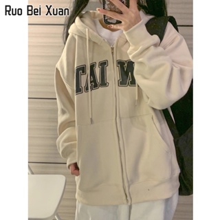 RUO BEI XUAN เสื้อสเวตเตอร์ย้อนยุคผู้หญิงเกาหลีพิมพ์มีฮู้ดซิปเสื้อบาง Women