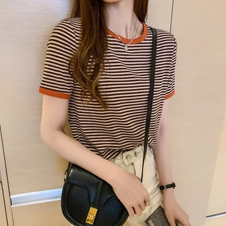 เสื้อยืด คอกลม แขนสั้น ผ้าฝ้าย ลายทาง แฟชั่นฤดูร้อน สําหรับผู้หญิง