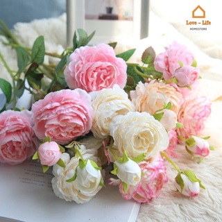 ช่อดอกไม้ประดิษฐ์ดอกกุหลาบผ้าไหม Peonies สําหรับตกแต่งบ้าน