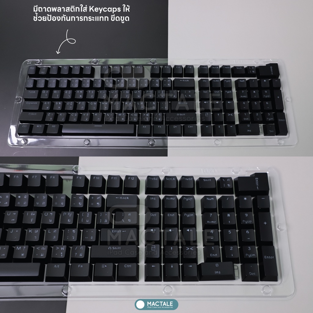 Mactale คีย์แคปไทย ไฟลอด ไฟทะลุ Keycaps Layout 87,104 Thai Keycap คีย์แคปไทย OEM ABS 113 คีย์ ปุ่มกด คีย์บอร์ด สีขาว ดำ
