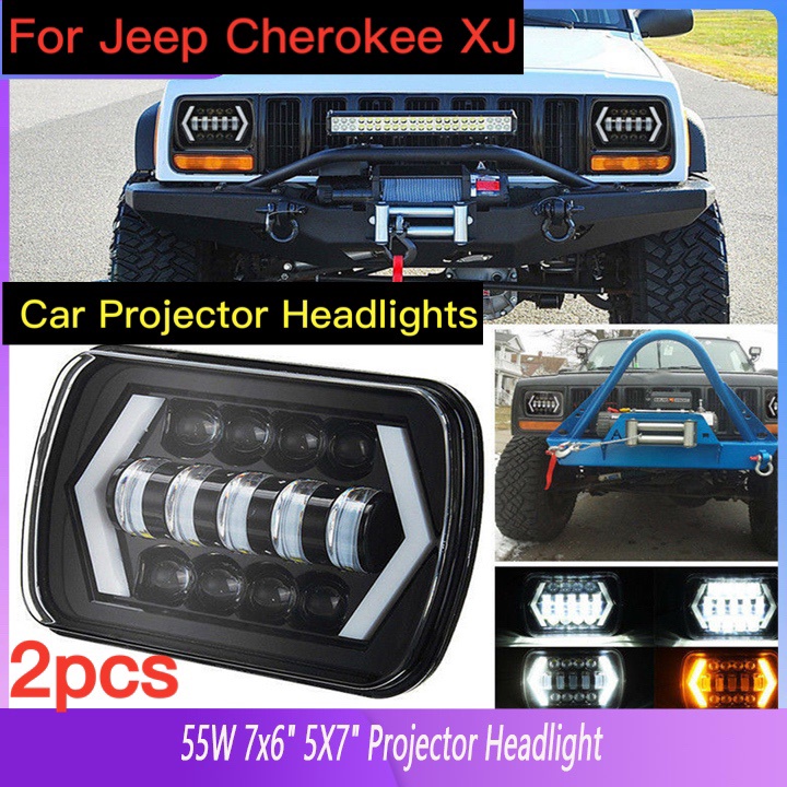 2pcs Car Projector Headlights LED Driving Running Light 55W 7x6" 5X7" Projector Headlight Hi-Lo Beam