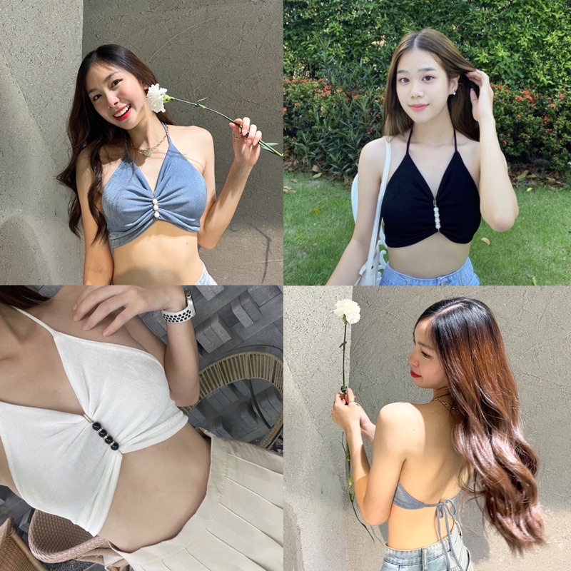 Butterfly มารายงานตัวจ้าา เสื้อครอปคล้องคอผูกหลัง ผ้าวิ้งกลิตเตอร์ แถมเข็มกลัด