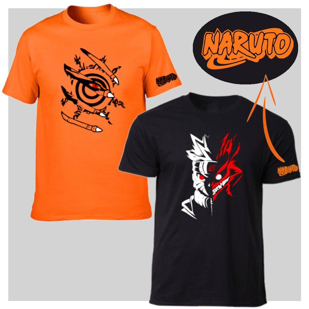 Anime T-shirt - Uzumaki Naruto w/ Kurama Kyuubi Unisex T shirt (Orange Tshirt, Black Shirt)