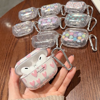 เคสหูฟัง TPU นิ่ม แบบใส ลายหัวใจ กลิตเตอร์ วิบวับ พร้อมตะขอ สําหรับ AirPods Pro 2 2 3