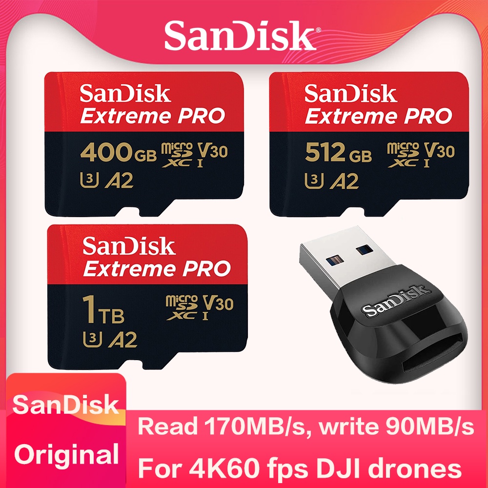 Sandisk การ์ดหน่วยความจํา Extreme PRO A2 U3 V30 1TB 512GB 400GB 256GB 128GB 64GB UHS-I 170MB/s 32G A1 TF Micro SD สําหรับโดรน DJI drone sports