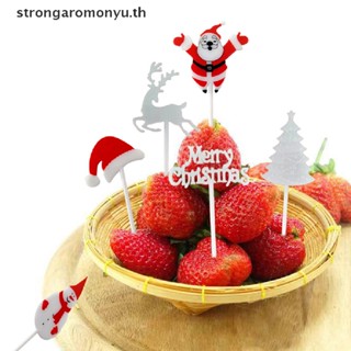 Strongaromonyu ส้อมจิ้มผลไม้ เค้ก ขนมหวาน รูปซานต้า กวางเอลก์ ขนาดเล็ก น่ารัก 10 ชิ้น