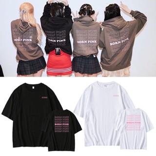 เสื้อยืดแขนสั้นลําลอง คอกลม ผ้าฝ้าย ทรงหลวม ขนาดใหญ่ พิมพ์ลาย KPOP BP BORN PINK Concert JISOO JENNIE ROSÉ LISA แฟชั่นฮาราจูกุ สไตล์เกาหลี สําหรับผู้หญิง