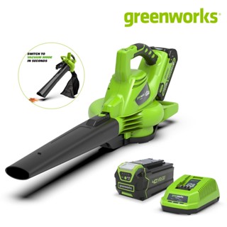 Greenworks เครื่องเป่าลม ดูดใบไม้ ไร้สาย แบตเตอรี่ 40V 2-in-1 (ครบชุด) รวมแบตฯ 4.0 แอมป์ และที่ชาร์จ