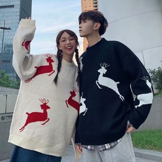 NITROGEN Elk Christmas เสื้อไหมพรมผู้ชาย เสื้อกันหนาวผู้ชายMens Crew Neck Pullover