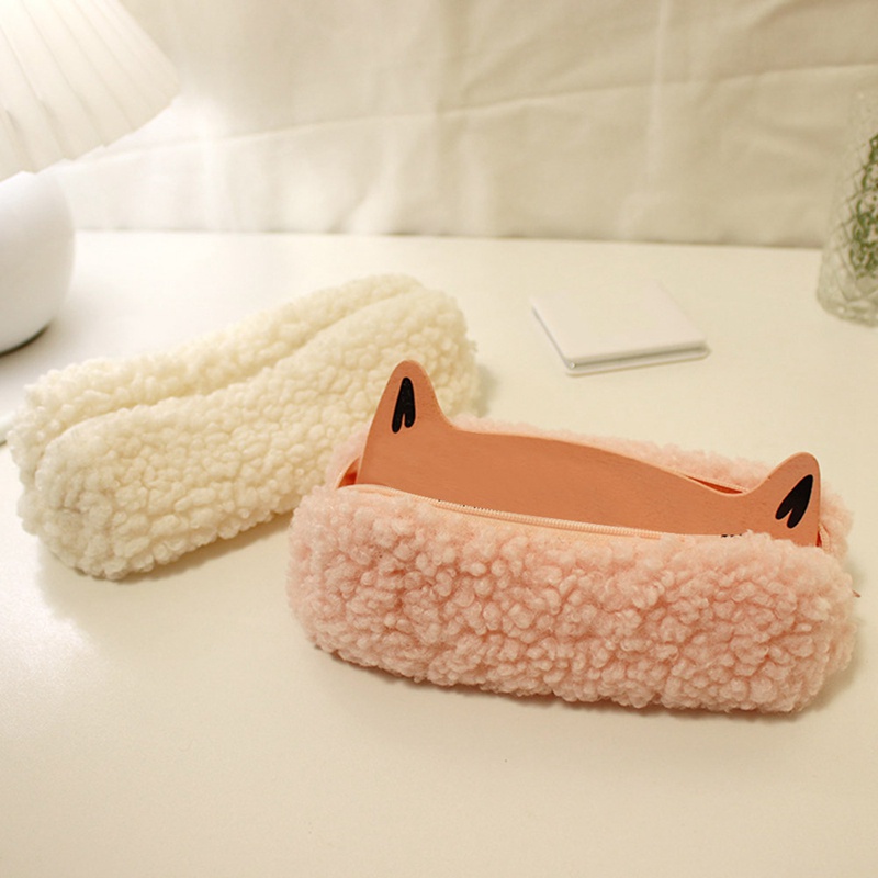 ในสต็อก-ดินสอปากกากระเป๋า Plush Kawaii ซิปกระเป๋าเครื่องสําอาง Make Up Organizer กระเป๋าโรงเรียนอุปกรณ์สํานักงาน (สีเบจ) - รูปที่ 5