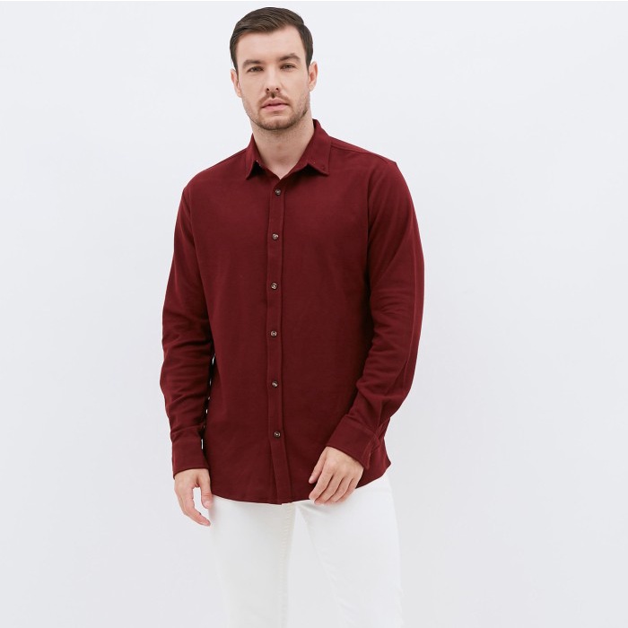 KEMEJA เสื้อเชิ้ตผู้ชาย M231 ผู้ชายผ้าฝ้ายปิเก้ยาวเสื้อ Maroon 1792F - S JUMBO COOL PREMIUM PLAIN LA