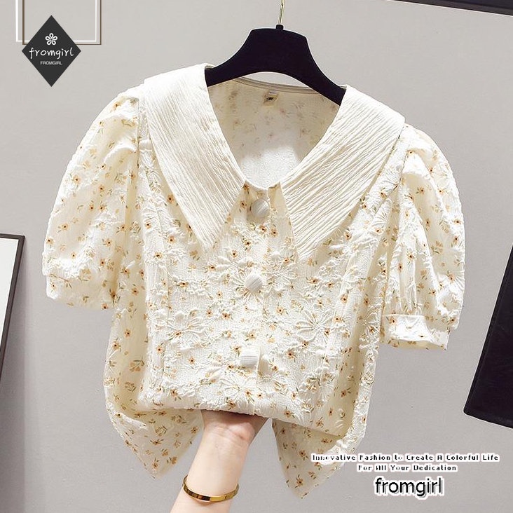 เสื้อเชิ้ตแขนสั้น คอวี ผ้าชีฟอง เอวสูง ลายดอกไม้ สุดชิค แฟชั่นฤดูร้อน สําหรับผู้หญิง