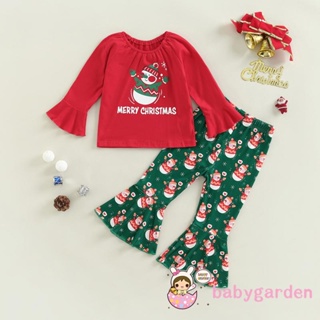 Babygarden- ชุดเสื้อยืดแขนยาว พิมพ์ลายสโนว์แมน และกางเกงขาบาน เอวยางยืด สําหรับเด็กผู้หญิง อายุ 1-5 ปี