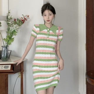 พร้อมส่ง 🪑🏮💌 Cool tone dress เดรสลายขวางสลับสามสี (37396)