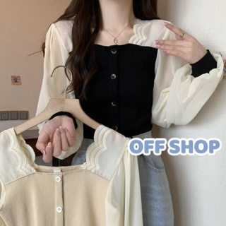 OFF SHOP พร้อมส่ง (OFF-5783) เสื้อไหมพรมแขนยาว ทรงเรียบร้อยคุณลูกนิดๆ แขนผ้าซีทรู -C