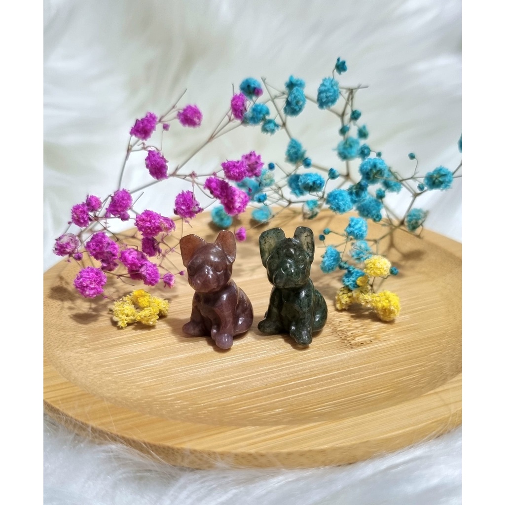 SG INSTOCKท้องถิ่น Ocean Jasper French Bulldog / Moss Agate French Bulldog แกะสลักคริสตัล