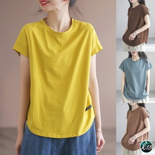 K18💜Korean เสื้อยืด คอกลมแขนสั้น ชายแต่งป้ายดำ สีพื้น 5 สี