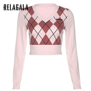 Relagala เสื้อยืดแฟชั่นสตรี แขนยาว คอวี สีพื้น รัดรูป