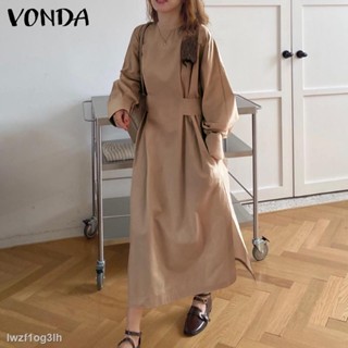 ▨Vonda ชุดเดรสยาวสําหรับสตรีแขนยาวคอกลมทรงหลวมสไตล์เกาหลี