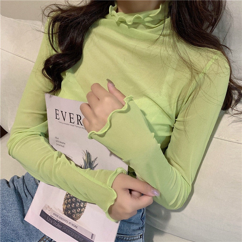 เสื้อคอสูง ผ้าโปร่ง สีแคนดี้ เป็นมิตรกับผิวหนัง แฟชั่นฤดูใบไม้ร่วง สไตล์แฟรี่ สําหรับผู้หญิง และนักเรียน 2021 - รูปที่ 5