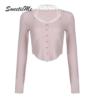 Sweeticme ใหม่ เสื้อยืดแขนยาวลําลอง ผ้าถัก เข้ารูป เซ็กซี่ สีพื้น แฟชั่นสําหรับผู้หญิง 2022