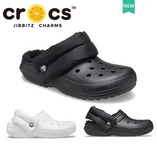 Crocs รองเท้าแตะ ผ้าฝ้าย ขนแกะ พิมพ์ลายโลโก้ สไตล์คลาสสิก เหมาะกับฤดูใบไม้ร่วง และฤดูหนาว สําหรับผู้หญิง#206589