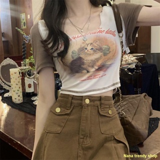 พร้อมส่ง 🔥American Hot Girl Square Collar Fun Print Short Sleeve T-Shirt Women s New Slim Fit Slim Contrast Color Top