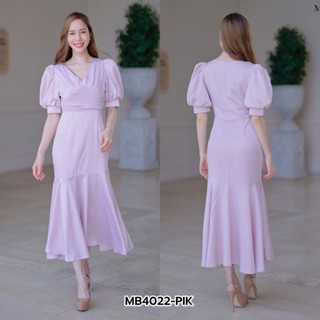 (S-2XL) ชุดเดรสยาวคอวีแขนตุ๊กตา ระบายหางปลา สีชมพู IMB4022