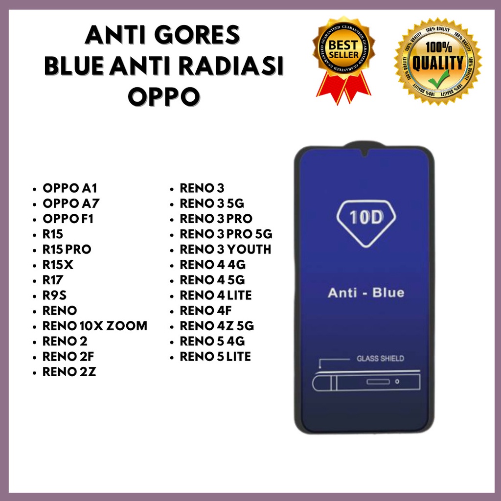 TEMPERED GLASS ANTI BLUE OPPO A1-OPPO A7-OPPO F1-R15-R15 PRO-R15X-R17-R9S-RENO 10X ZOOM-RENO 2F-RENO