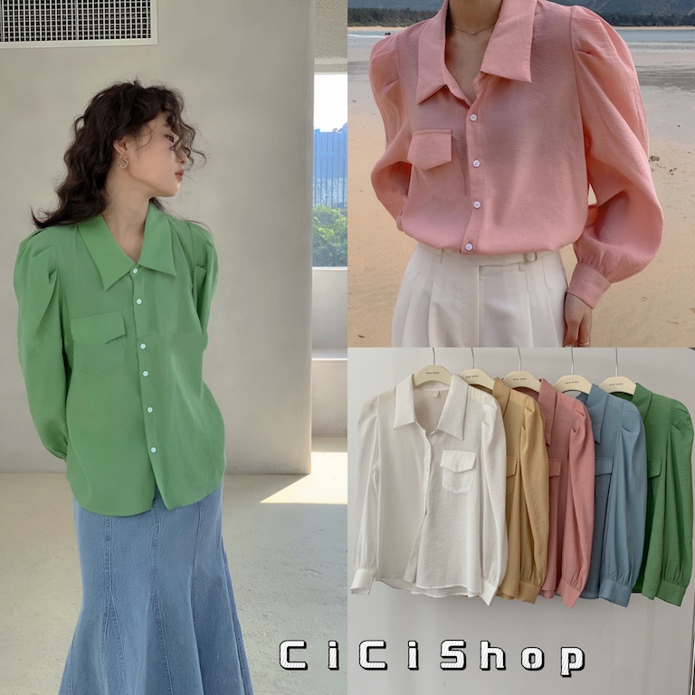 Cicishop SALE(3041/สุ่มสี)เสื้อเชิ้ตแขนยาวตุ๊กตาคอปก ผ้าชีฟองมีกระเป๋า กระดุมหน้า งานดีเกินเบอร์ ใส่ทำงานก็ได้