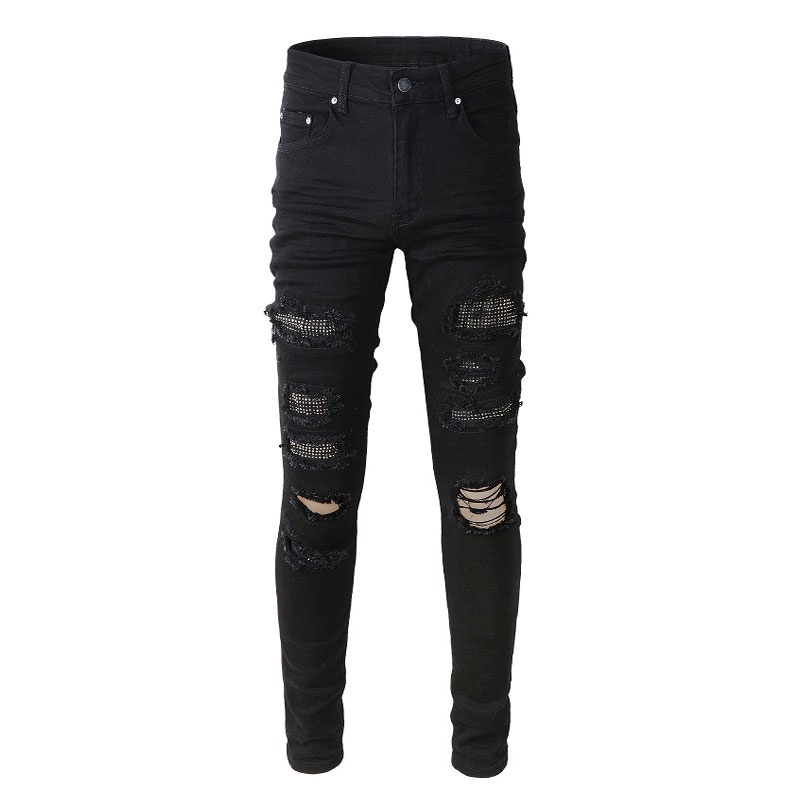 AMIRI กางเกงยีนส์สีดำ มีด Cut Hole Patch Slim Jeans