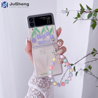 Jusheng เคสโทรศัพท์มือถือ PC แบบแข็ง ลายดอกทิวลิป สีม่วง ประดับกลิตเตอร์ พร้อมสายคล้องมือ แฟชั่น สําหรับ Samsung Z Flip4 Z Flip3