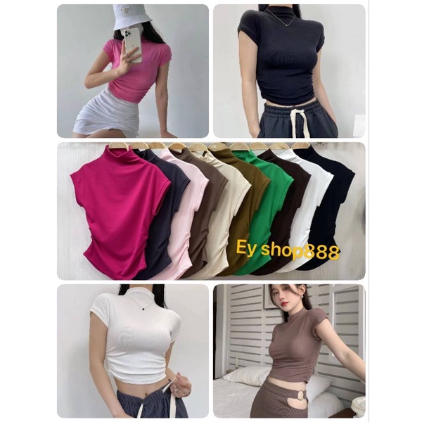 เสื้อยืดคอตั้ง#ส่งฟรี⚘#อว888 ฟรีไซส์อกก่อนยืด 28-36" ความยาว 17-18"