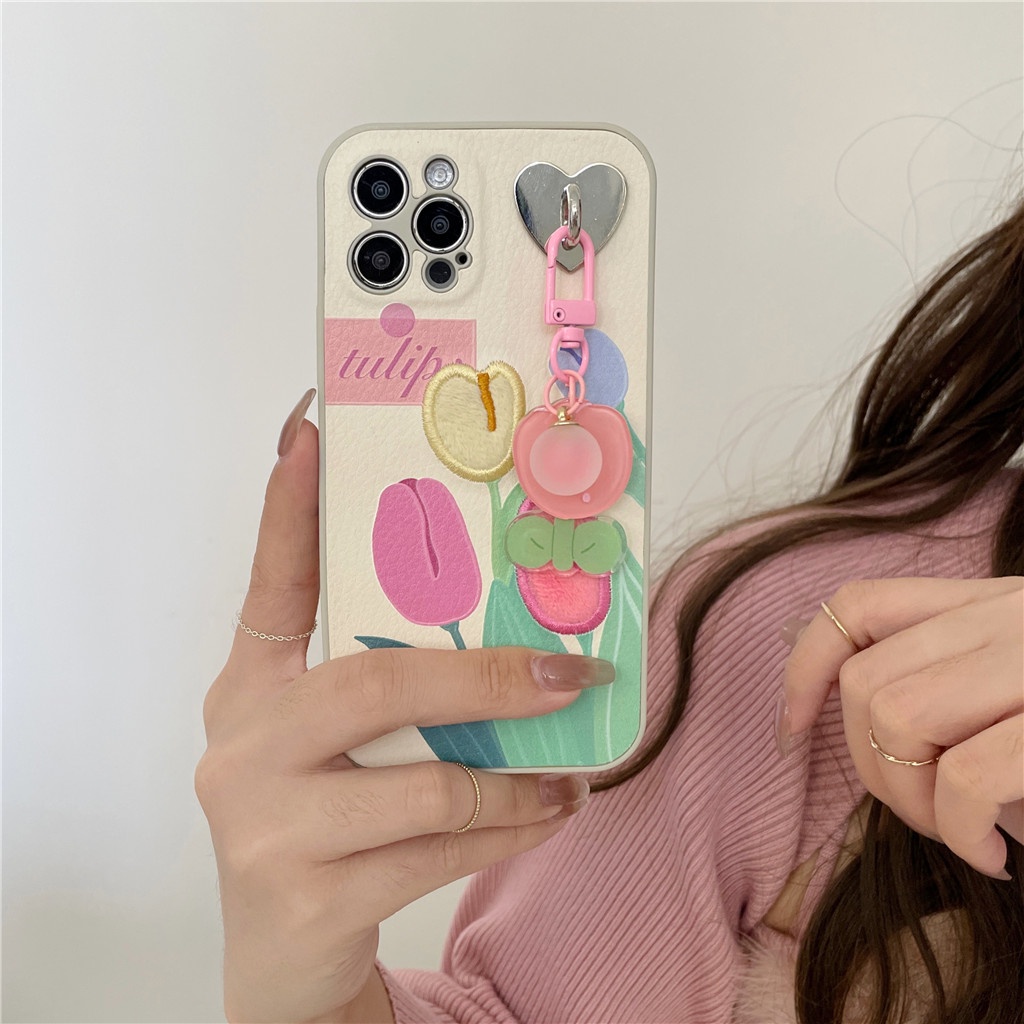 สําหรับiphone Case 16 Pro Max 15 Pro Max 14 Pro Max 13 Pro Max 12 Pro MaxปักดอกทิวลิปรอบขอบTPU Soft Case