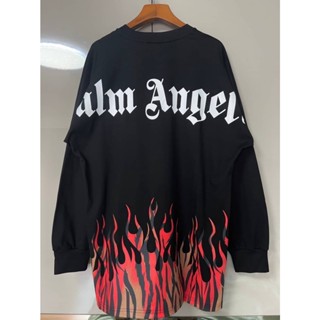 PALM ANGELS BLACK TIGER FLAMES LOGO OVER LONG SLEEVE T-SHIRT เสื้อยืดคอกลมแขนยาว แบรนด์ปาล์มแองเจิล สกรีนลายเปลวไฟสีแดง