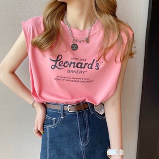 🔥ราคาถูกที่สุด🔥เสื้อยืดแขนกุดคอกลม สีโทนชมพู สกรีนลาย Leonards