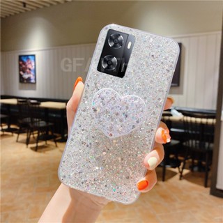 New เคสโทรศัพท์ OPPO A77s / A17 / A57 4G 2022 / A77 5G Fashion Diamond Silver with Love Bracket Soft Case Bling Transparent Cover เคส OppoA77S OPPOA57