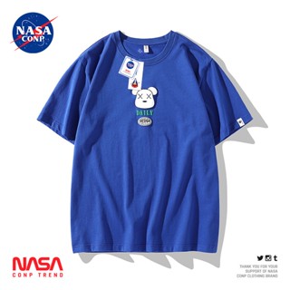 เสื้อยืดแขนสั้น ผ้าฝ้ายแท้ พิมพ์ลายหมี NASA สีฟ้า แฟชั่นฤดูร้อน สําหรับคู่รัก