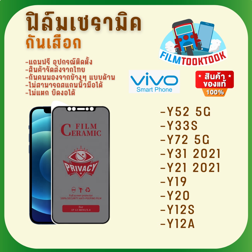 Ceramic ฟิล์มกันเสือกแบบด้าน Vivo รุ่น Y52 5G,Y33s,Y72 5G,Y31 2021,Y21 2021,Y19,Y20,Y12s,Y12a