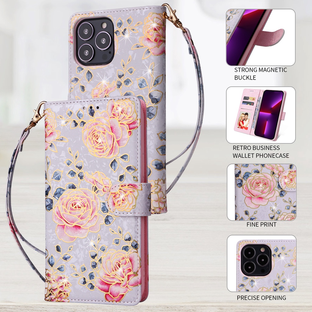 เคส Case for Samsung Galaxy A12 A22 A52 A52s A13 A23 A33 A53 A14 A34 A54 A15 A25 A35 A55 5G A04 A04s A05 A05s เคสฝาพับ เคสเปิดปิด Leather Case Flip Cover Luxury Flower Magnetic Wallet With Card Holder Slots Hand Strap Lanyard Soft TPU Phone Casing FDSTJ ราคา ถูกที่สุด ดีลบีเคเค แกลเลอรีภาพที่ 5
