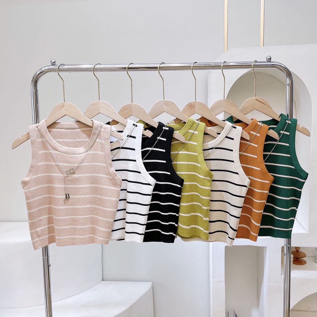 เสื้อแฟชั่นลายทาง+พร้อมสร้อย B เสื้อครอปเอวลแขนกุดเนื้อผ้าไหมพรม – โปรปัง