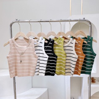 เสื้อแฟชั่นลายทาง+พร้อมสร้อย B เสื้อครอปเอวลแขนกุดเนื้อผ้าไหมพรม