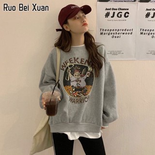 RUO BEI XUAN เสื้อกันหนาวผู้หญิงปลอมสองชิ้นเสื้อขนแกะผู้หญิงฤดูใบไม้ร่วงและฤดูหนาวใหม่หลวมเกาหลีรุ่นการ์ตูนนักเรียนด้านบนผู้หญิงเสื้อสวมหัว