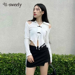 U-sweety เสื้อยืดลําลอง แขนยาว คอโปโล สีพื้น โชว์สะดือ สําหรับผู้หญิง